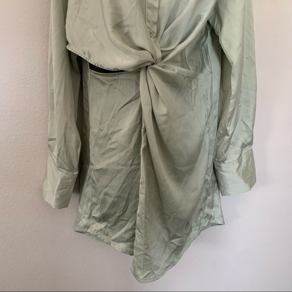 Princess Polly Sage Green Satin Long Sleeve Button Twist Cut Out Shirtdress - Picture 8 of 12